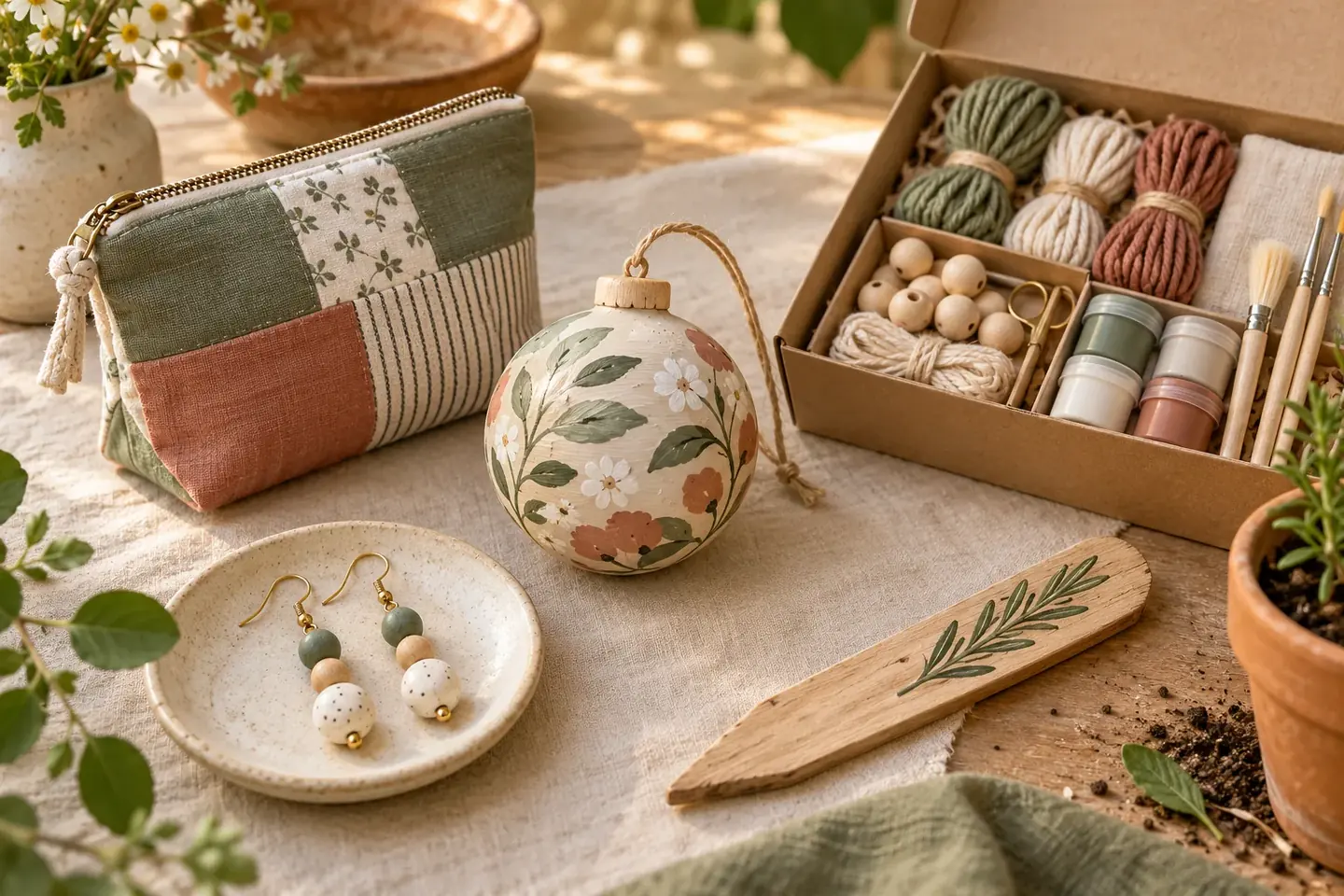 A handmade pouch, painted ornament, beadwork, beginner kit, and small wood sign arranged as distinct craft product ideas