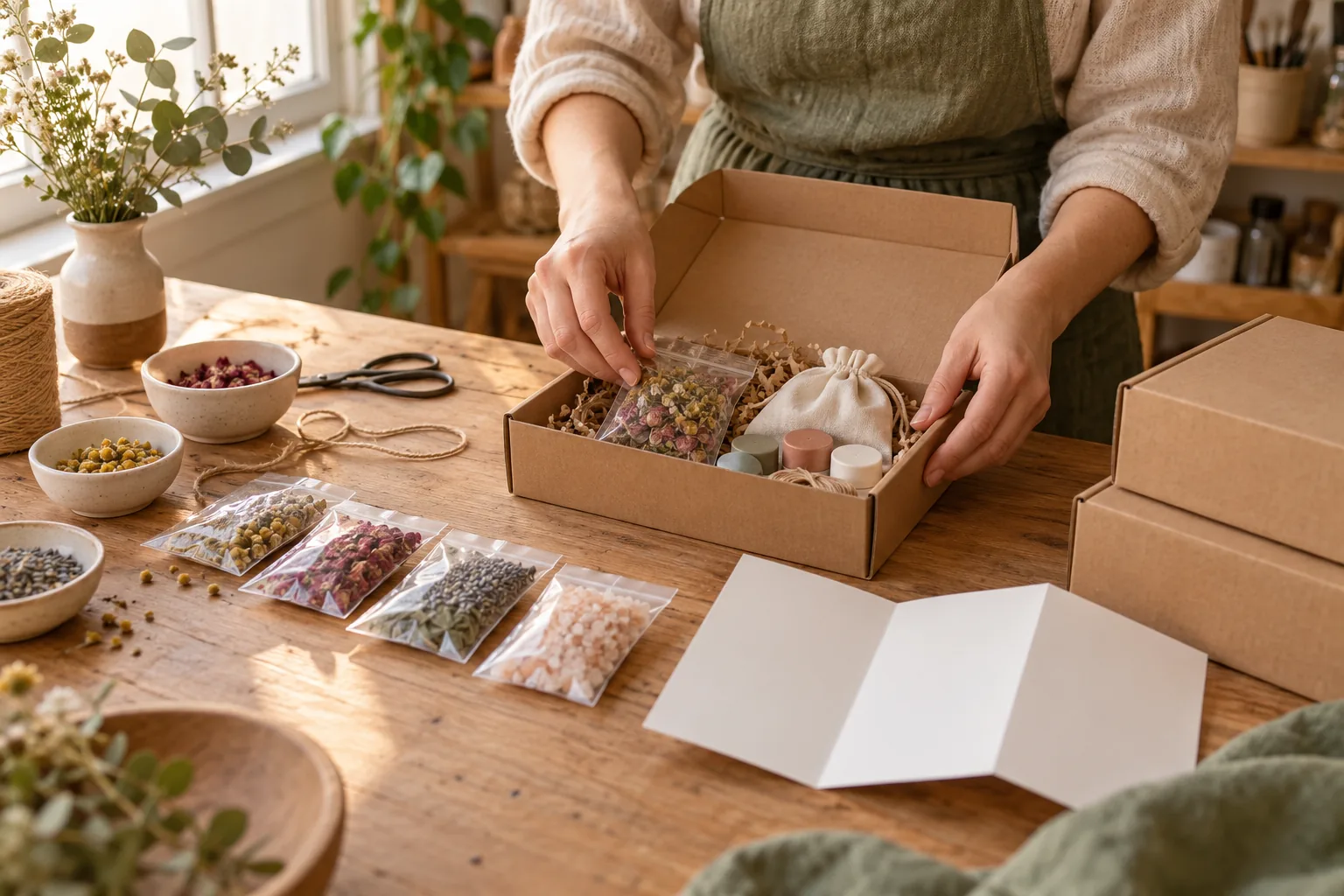 A maker arranging a small beginner craft kit with measured supplies, a simple guide, and mailer packaging