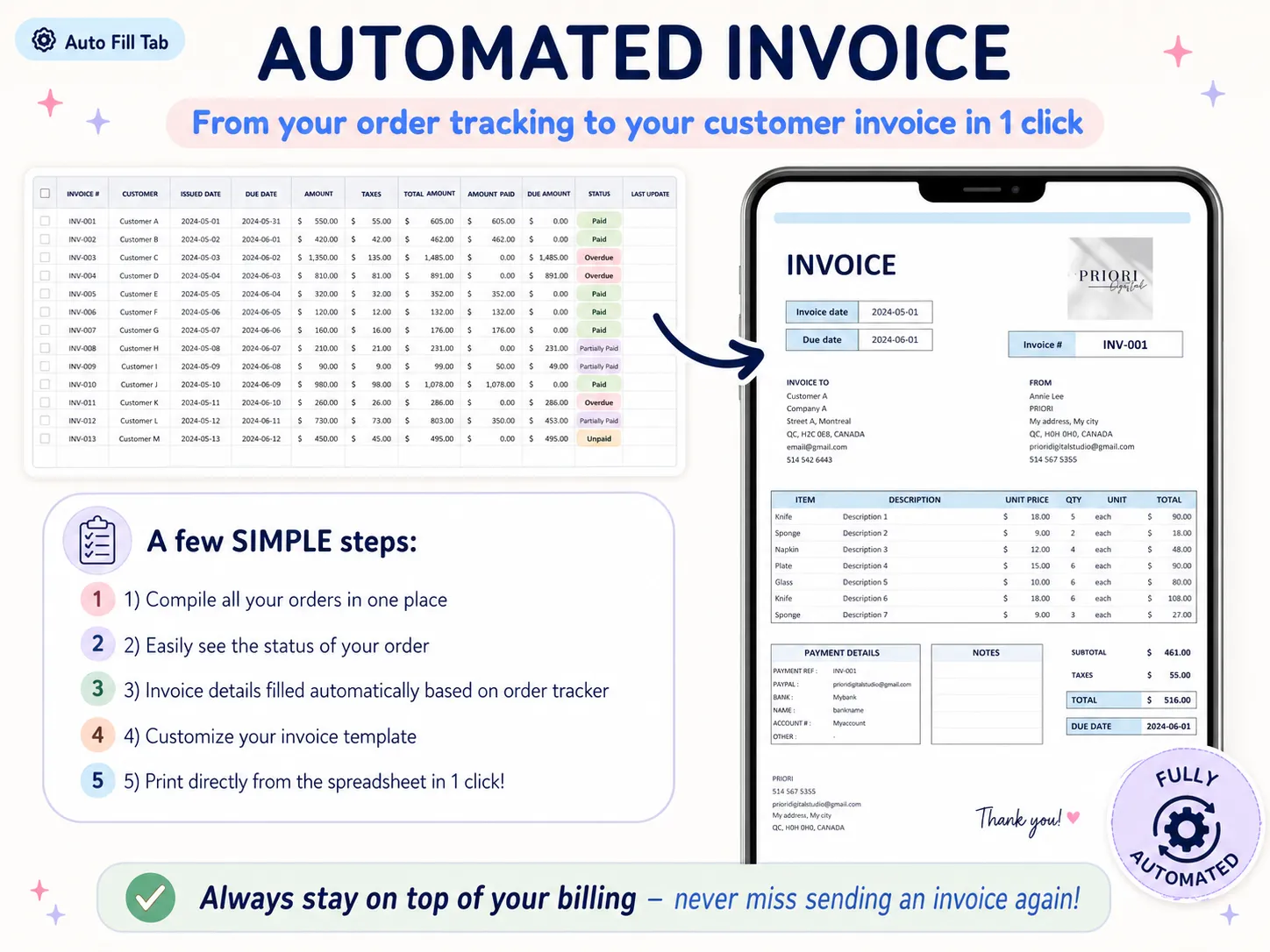Small Business Bundle Automated Invoice spreadsheet screenshot