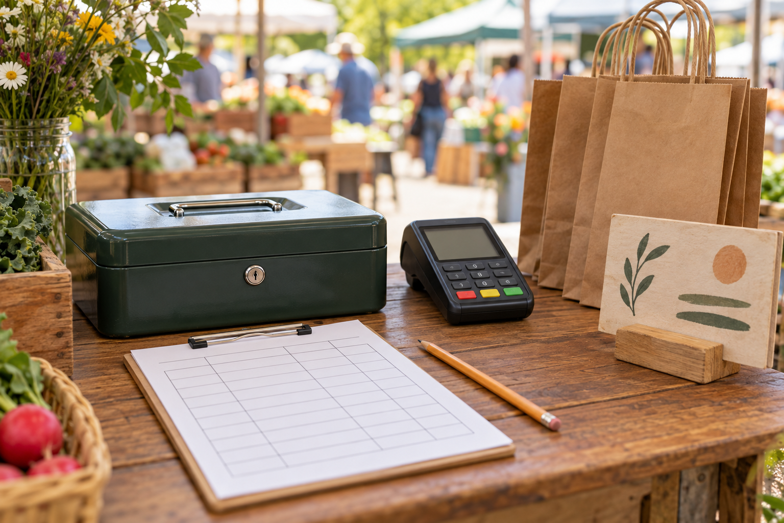 A generic market checkout corner with cash box, card reader, blank sales log, and bags