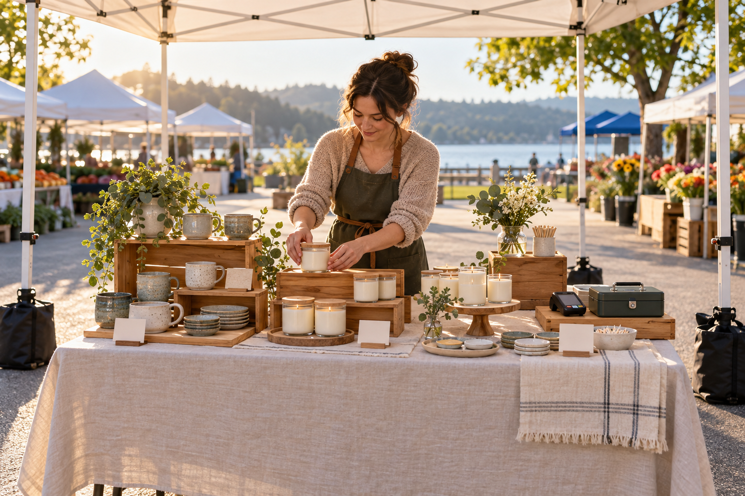 A maker arranges pottery and candles on a market table beneath a canopy.