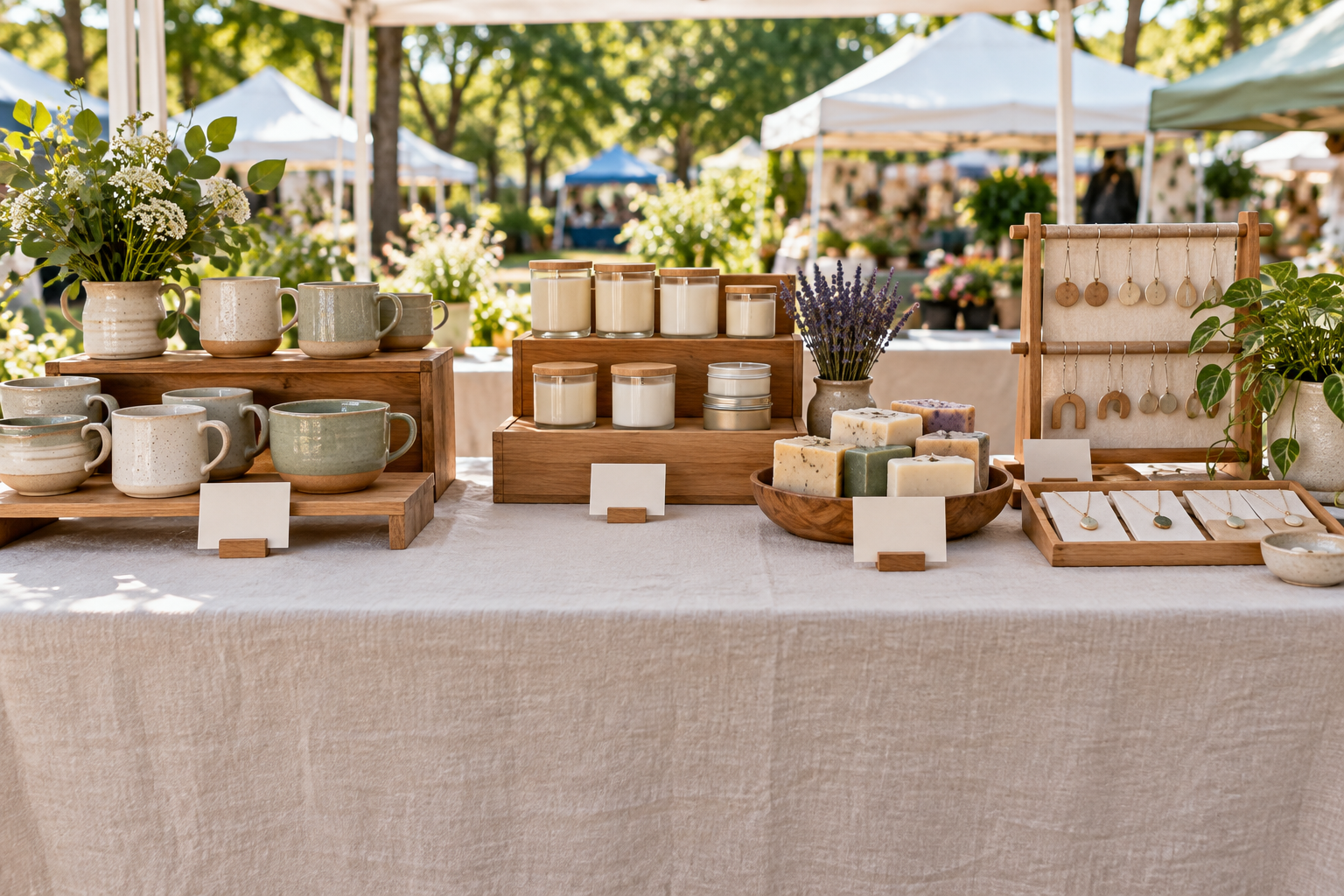 A tidy handmade-goods display with grouped items, simple risers, and blank price cards