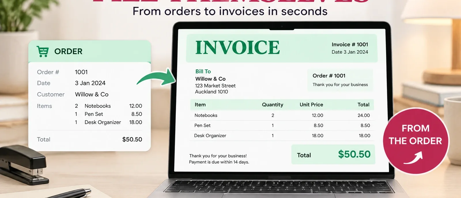Automated invoice preview linked to one sample order