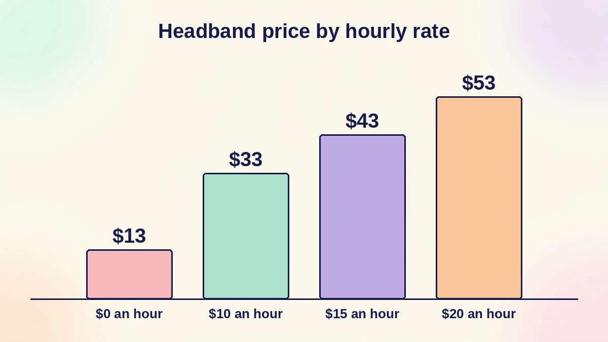 Headband prices at hourly rates of $0, $10, $15 and $20: $13, $33, $43 and $53