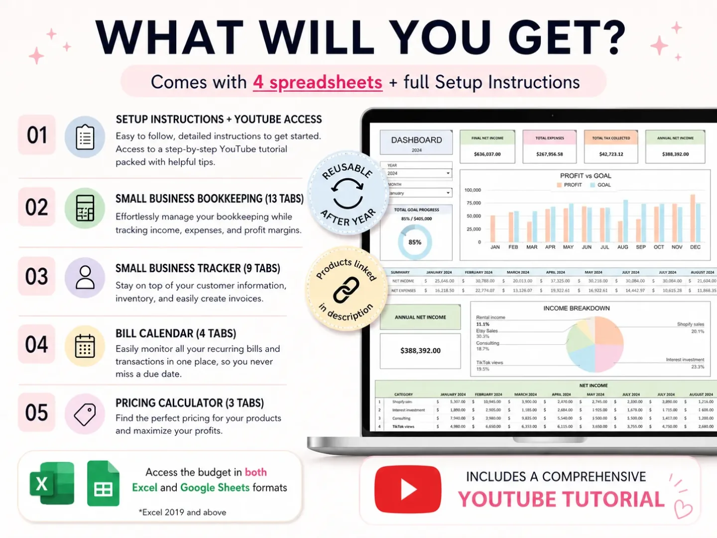 Small Business Bundle overview showing four linked spreadsheets