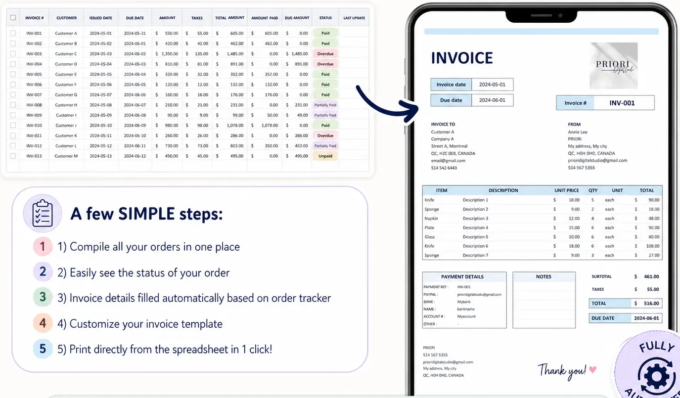 Automated invoice spreadsheet preview from Small Business Bundle
